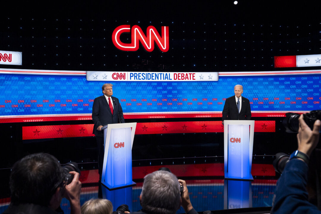 The spin room after former President Donald J. Trump and President Joe Biden's presidential debate in Atlanta, Ga., on June 27, 2024. (Madalina Vasiliu/The Epoch Times)