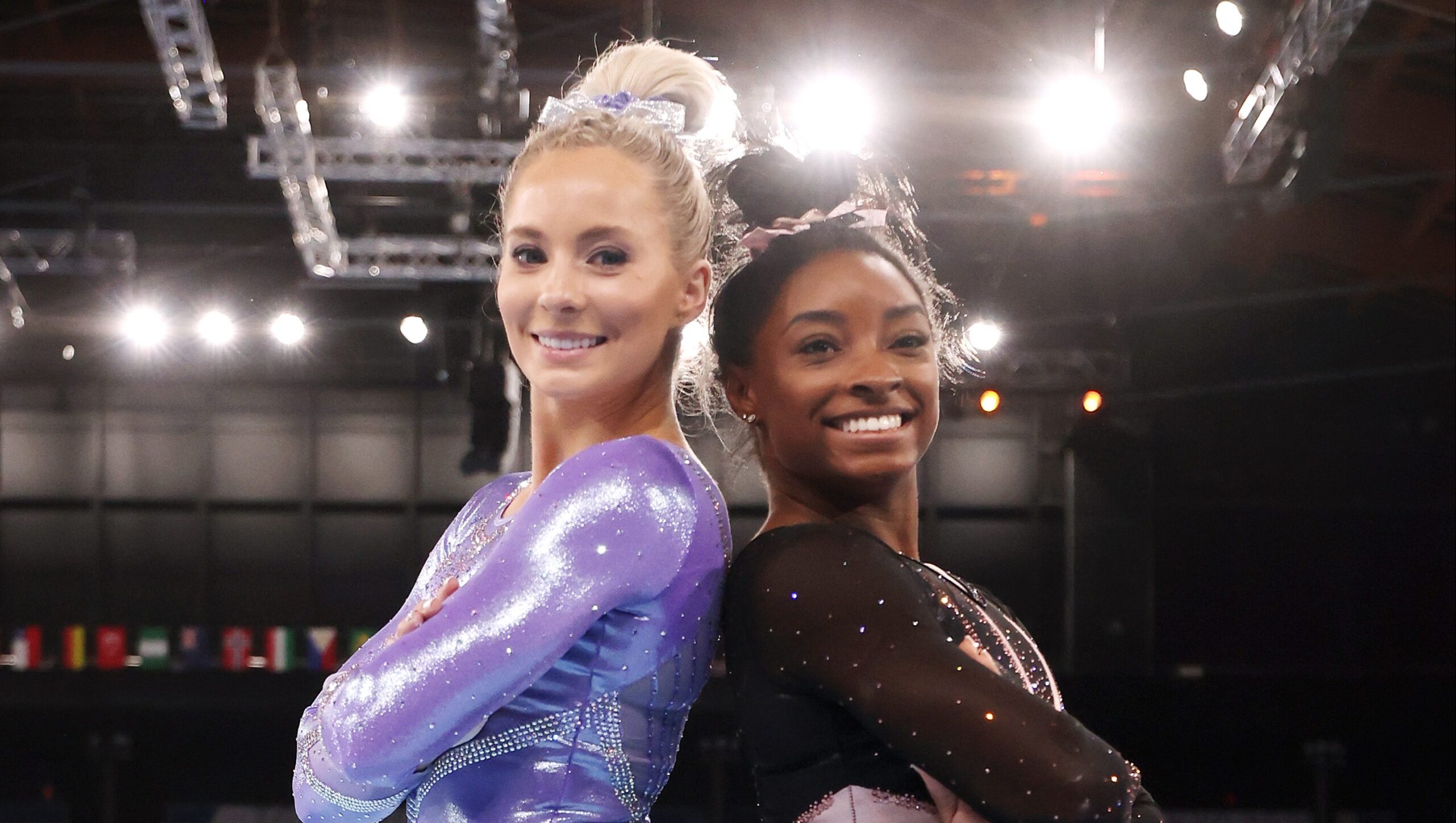 MyKayla Skinner and Simone Biles pose for a picture during Women's Podium Training ahead of the Tokyo 2020 Olympic Games