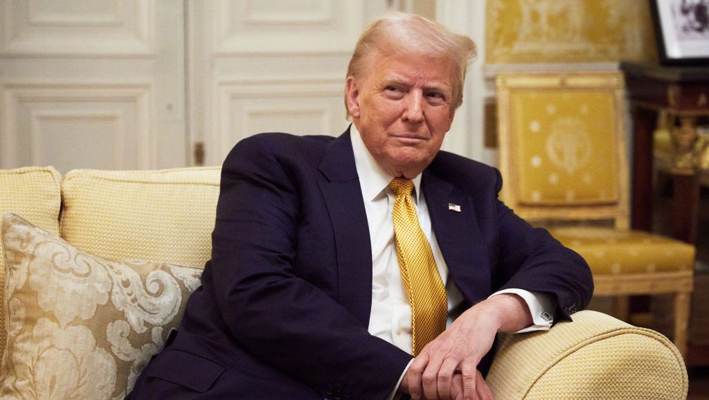 PARIS, FRANCE - DECEMBER 7:  President-Elect Donald Trump reacts during his meeting with Prince William, Prince of Wales at the Embassy of the United Kingdom's Residence on December 7, 2024 in Paris, France. Donald Trump was among the wave of foreign dignitaries descending on Paris this weekend to attend a reopening ceremony at Notre-Dame Cathedral, more than five years after it was damaged in a major fire. (Photo by Oleg Nikishin/Getty Images)